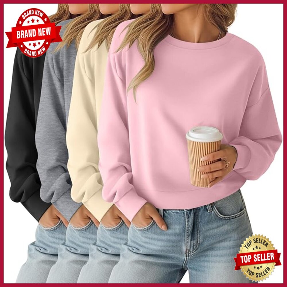 4 Pack Long Sleeve Cropped Sweatshirts Crew Neck Loose Fit Pullover Thermal Tops